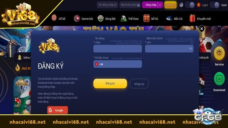 Lưu ý khi đăng ký Vi68